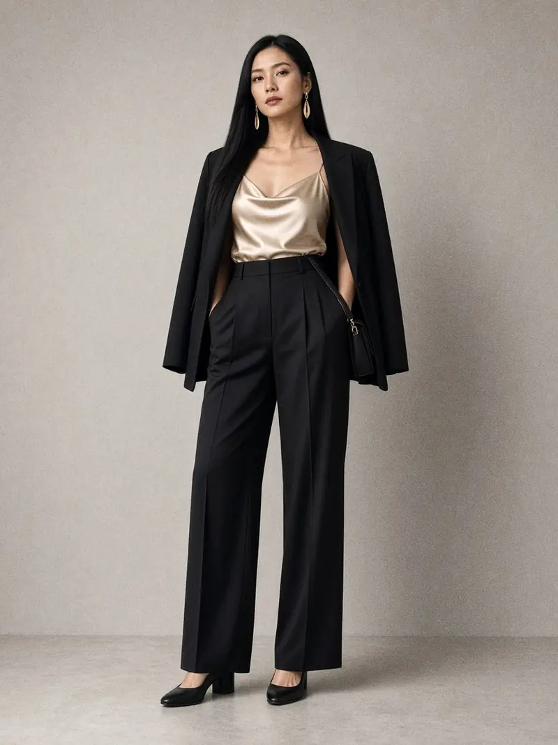 Illustration, mannequin fictif : Femme en pantalon noir fluide à pinces et caraco en satin champagne, blazer noir posé sur les épaules, escarpins à talon bloc et petit sac en bandoulière.