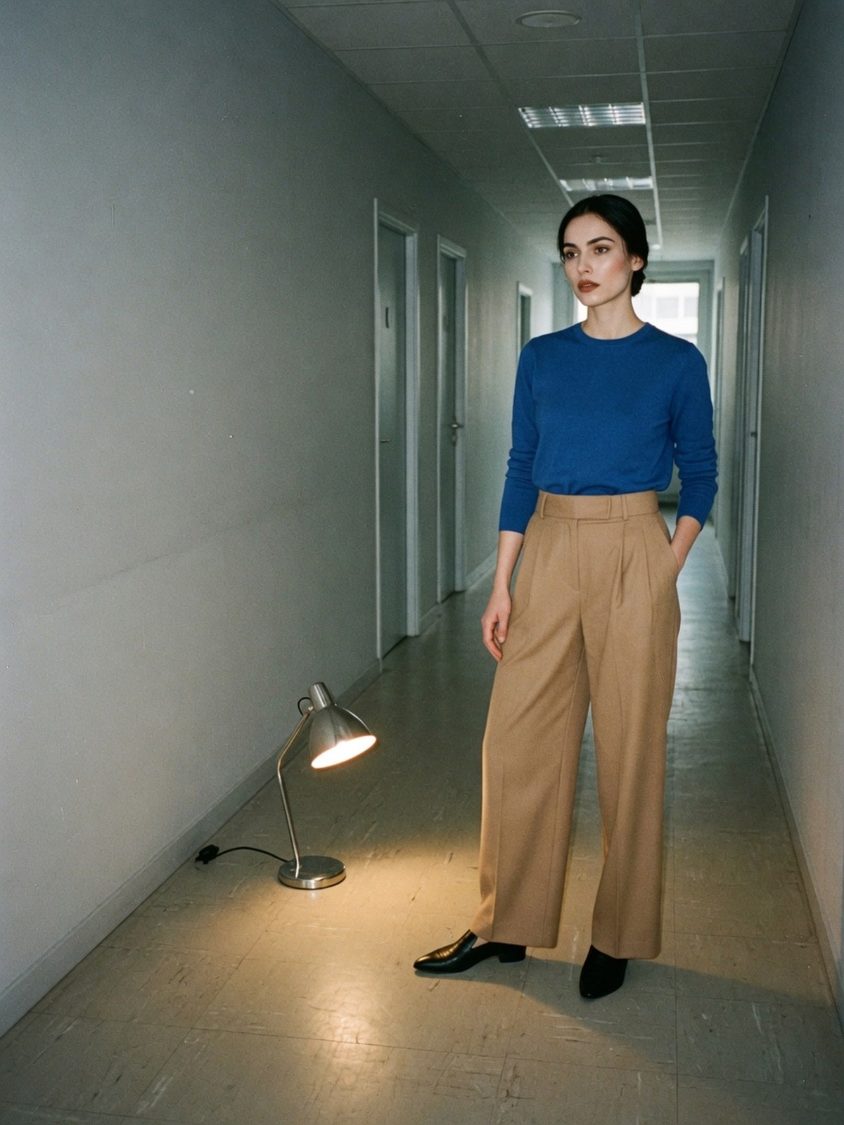 Femme debout dans un couloir de bureau sobre, visage visible, portant un pantalon large à pinces taille haute avec un pull fin rentré et des mocassins fins.