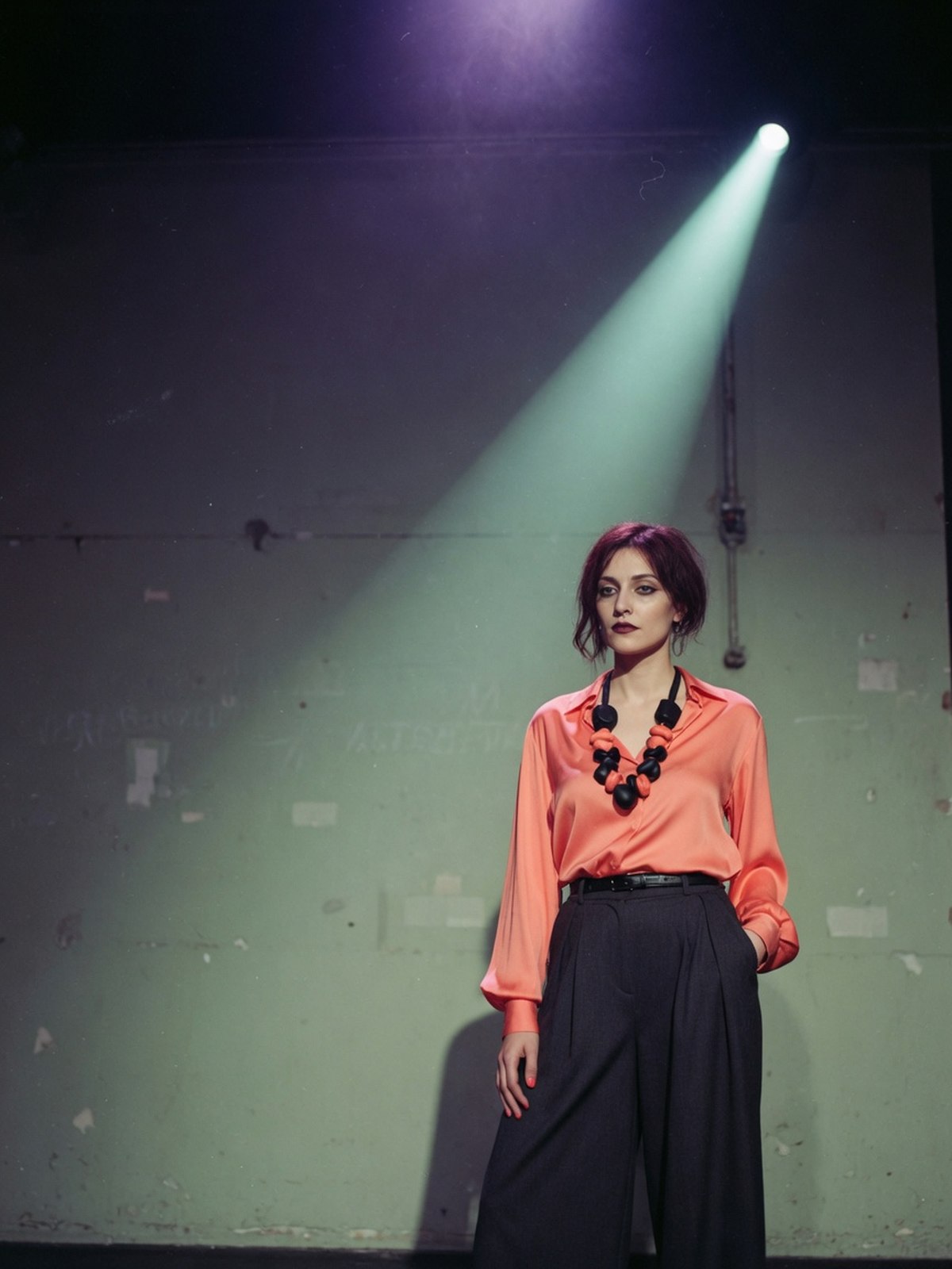Femme dans les coulisses sombres d'un théâtre, visage visible, portant un pantalon large à pinces associé à un haut fluide corail et un bijou marquant.