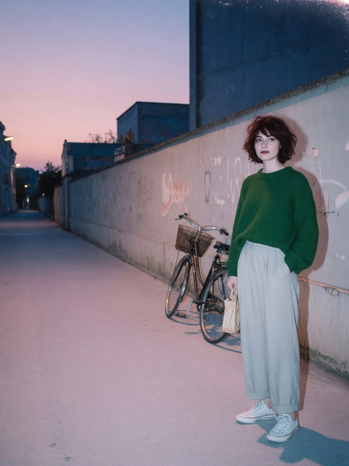 Femme sur une rue vide au crépuscule, visage visible, portant un pantalon large à pinces avec un pull épais vert forêt et des baskets blanches.