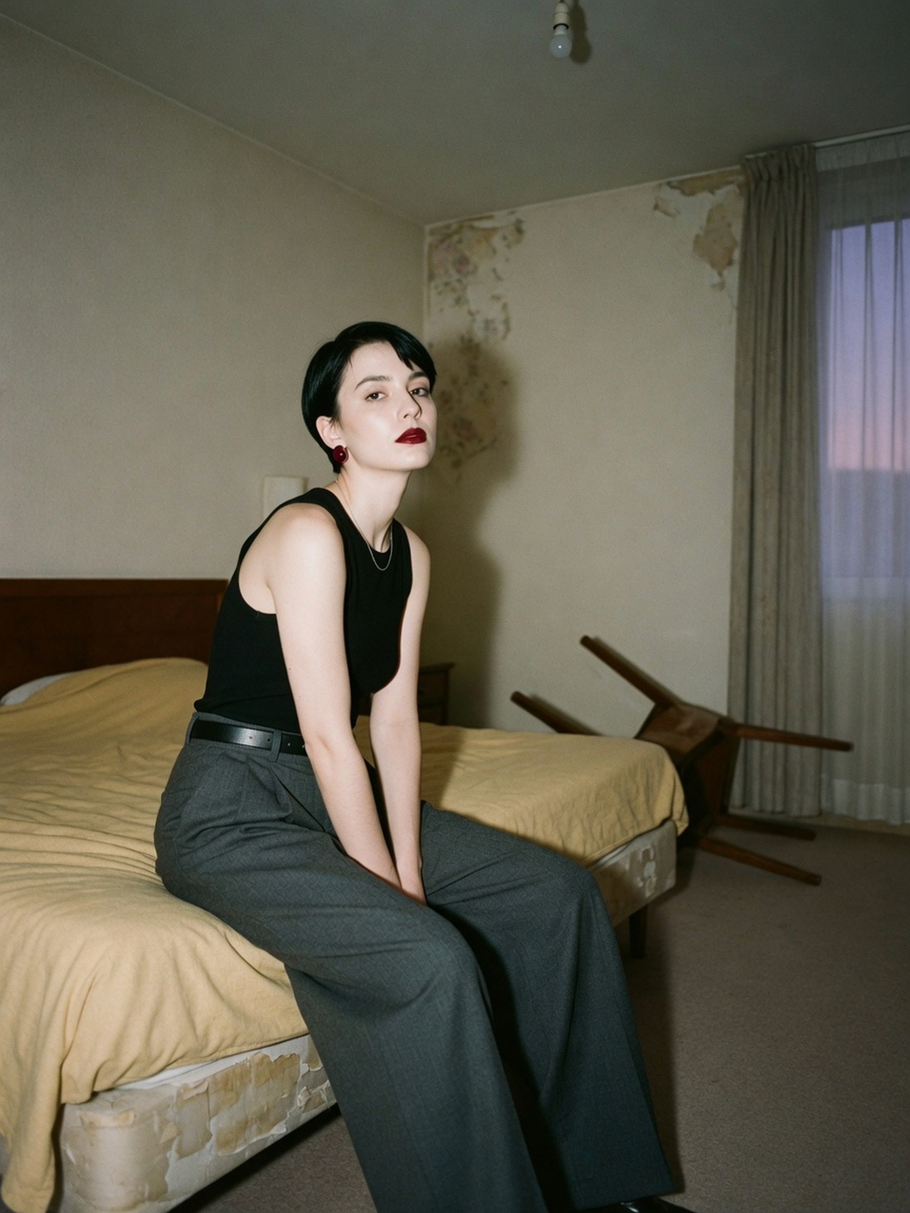 Portrait éditorial d'une femme assise dans une chambre d'hôtel sobre au crépuscule, visage entièrement visible, vêtue d'un pantalon large à pinces taille haute en lainage sombre dont le pli double se voit nettement à la ceinture.