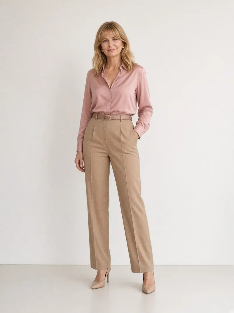 Illustration, mannequin fictif : Femme debout en pantalon beige sable coupe droite taille haute, chemisier rose poudré rentré et escarpins nude.