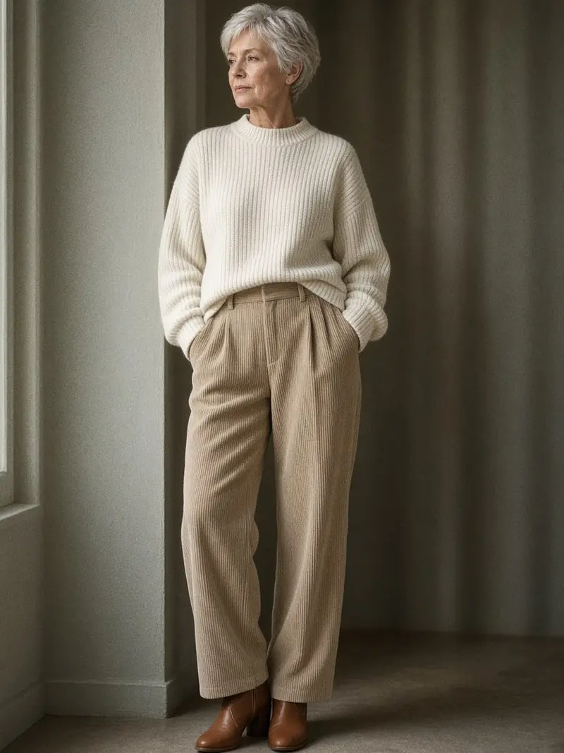 Illustration, mannequin fictif : Femme en pantalon beige en velours côtelé et pull blanc écru en grosse maille côtelée, bottines cognac.