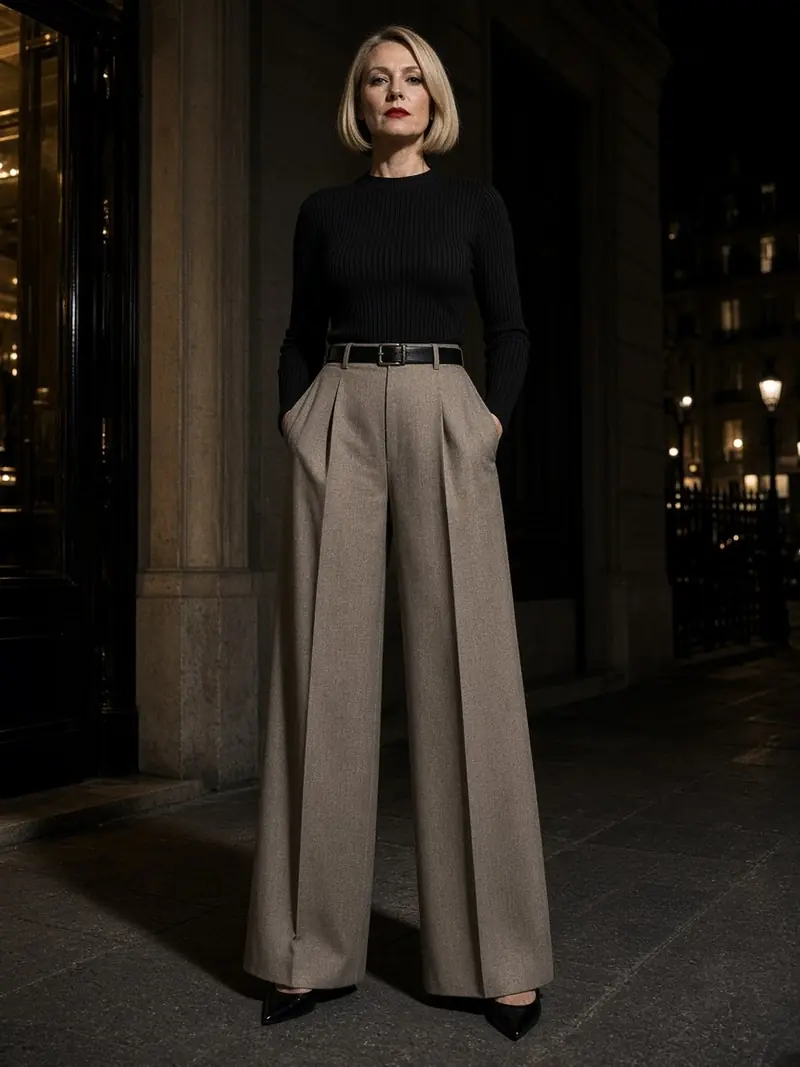 Illustration, mannequin fictif : Femme de profil trois quarts en pantalon large taille haute beige grège, haut noir côtelé rentré, ceinture et escarpins noirs.