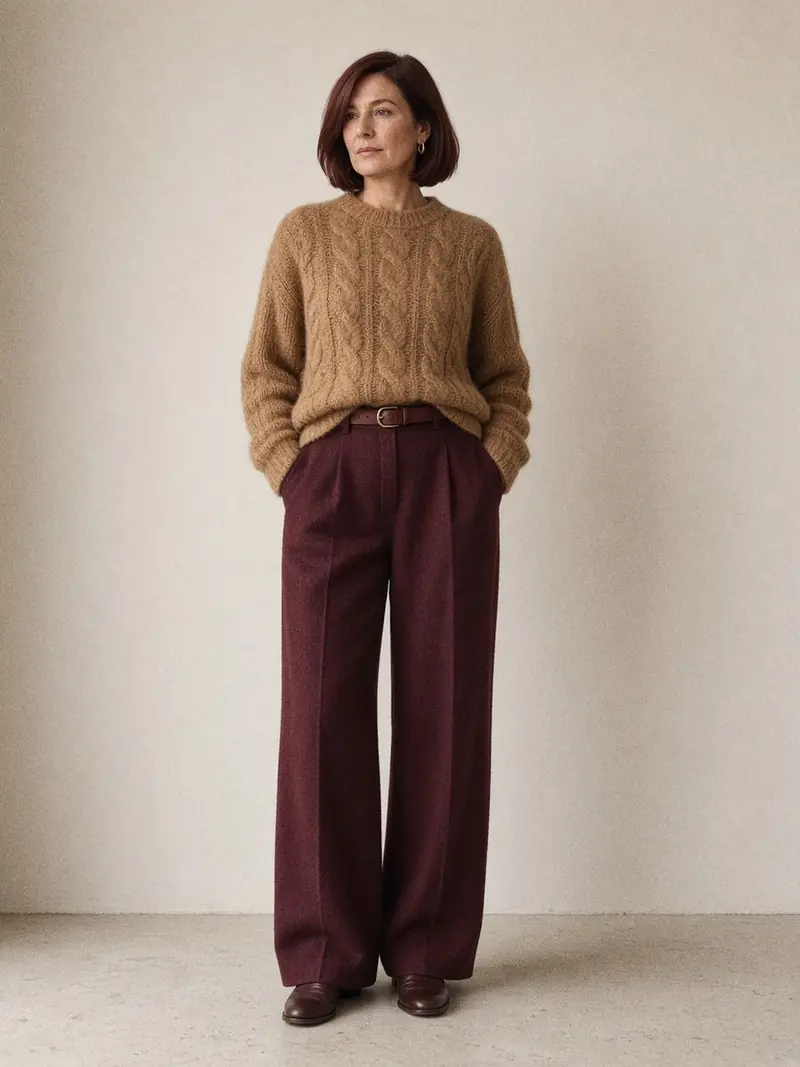 Illustration, mannequin fictif : Femme en gros pull en mohair camel rentré devant et pantalon large bordeaux en flanelle, bottines en cuir brun.