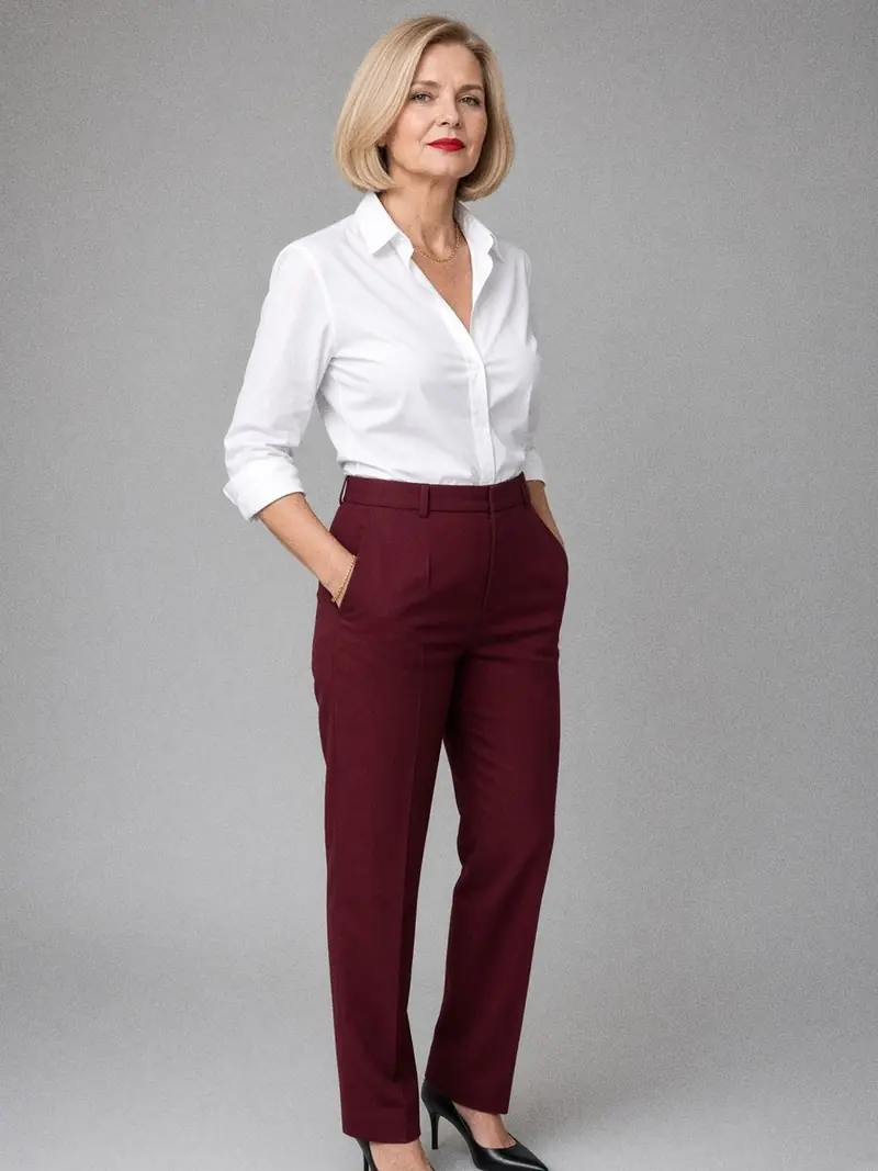 Illustration, mannequin fictif : Femme en chemise blanche en popeline rentrée dans un pantalon bordeaux droit taille haute, escarpins noirs pointus et fine chaîne dorée.