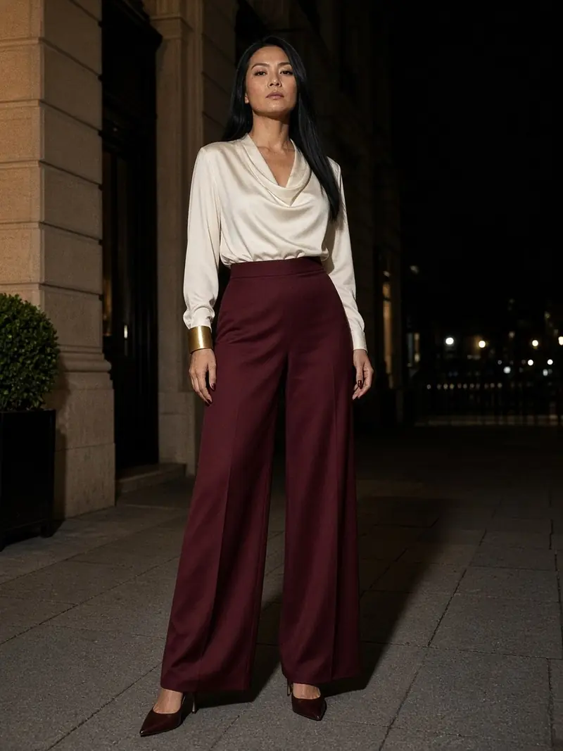 Illustration, mannequin fictif : Femme en chemisier en satin écru rentré dans un pantalon bordeaux fluide très large, escarpins en cuir brun foncé et bracelet doré mat.