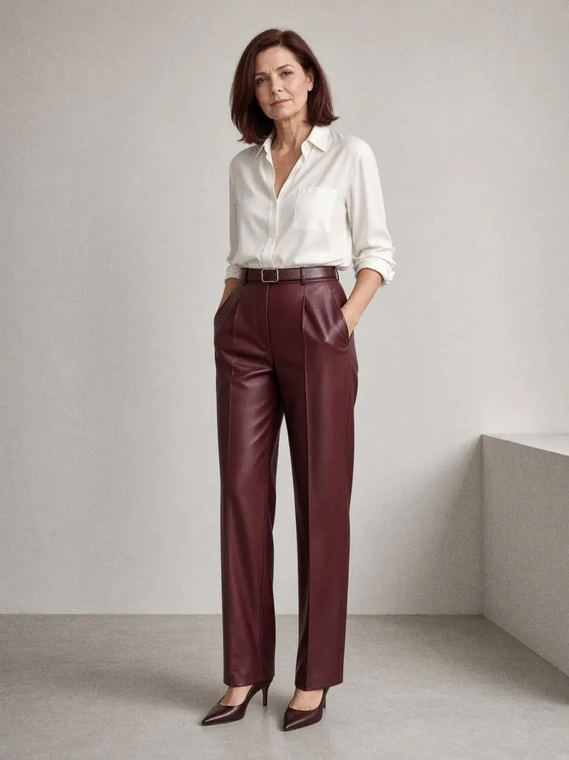 Illustration, mannequin fictif : Femme en pantalon en cuir bordeaux coupe droite taille haute et chemise en soie blanc cassé rentrée, escarpins bruns.