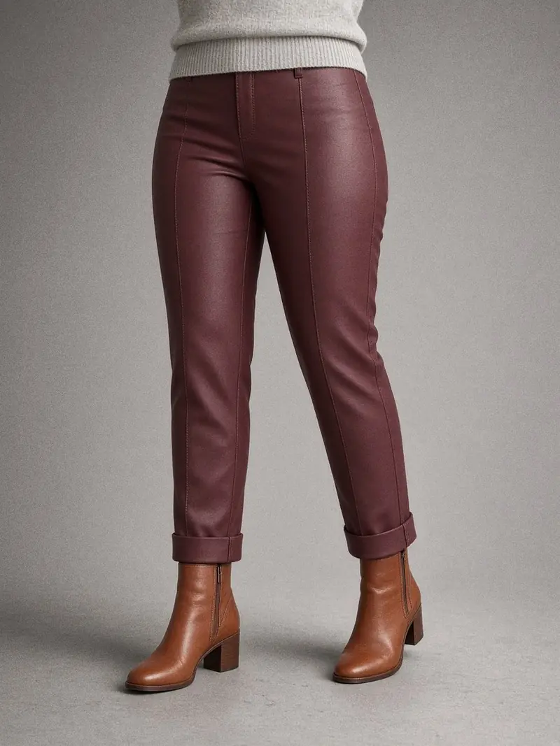 Illustration, mannequin fictif : Détail des jambes d'un pantalon en cuir bordeaux mat à surpiqûres verticales, porté avec des bottines en cuir cognac.