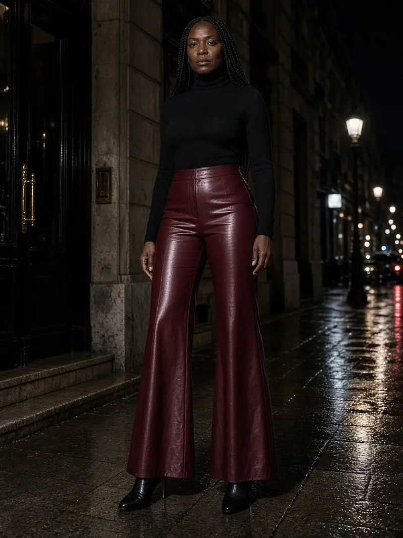Illustration, mannequin fictif : Femme en pantalon en cuir bordeaux évasé et col roulé noir en maille fine rentré, bottines noires à talon.
