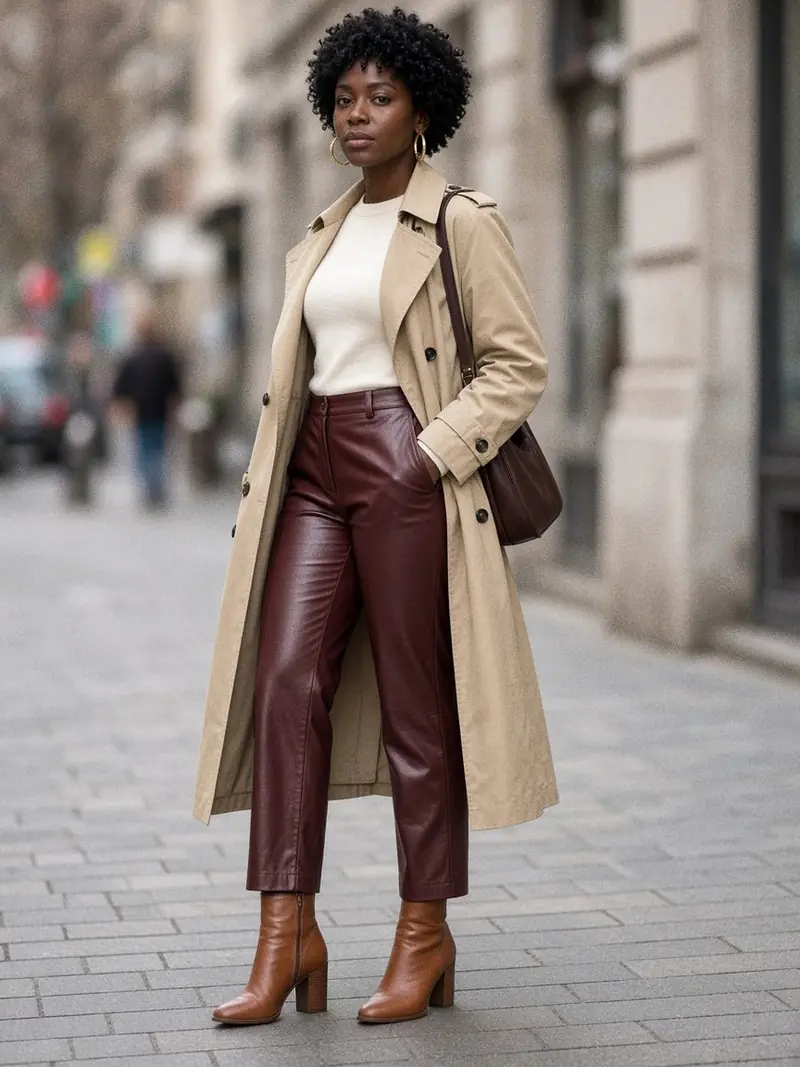 Illustration, mannequin fictif : Femme en pantalon en cuir bordeaux court, haut ivoire et trench beige mat ouvert, bottines et sac en cuir brun.