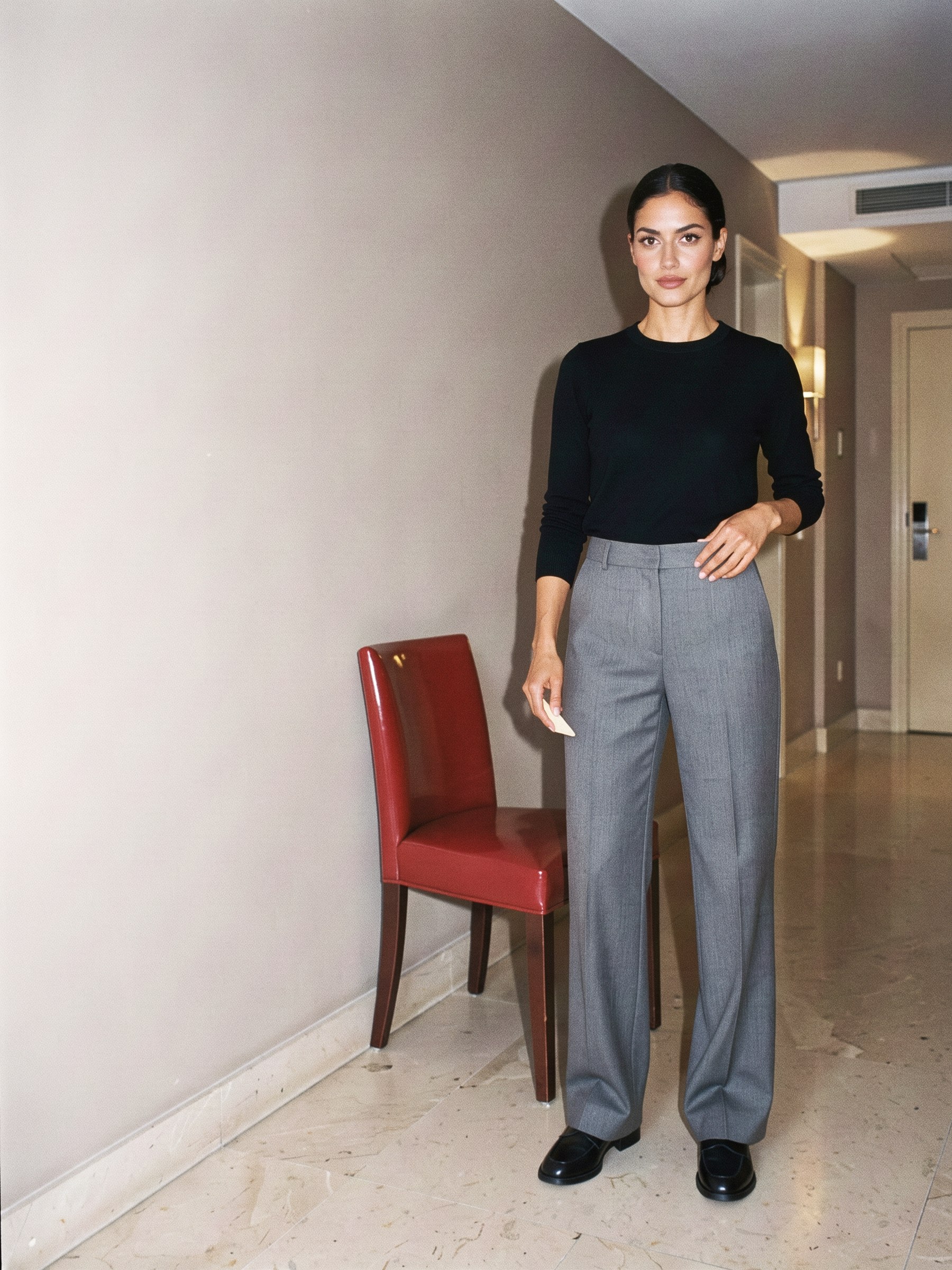 Mannequin de dos trois quarts en pantalon droit gris souris et chaussures plates, dans un couloir d'hôtel à la lumière au flash.