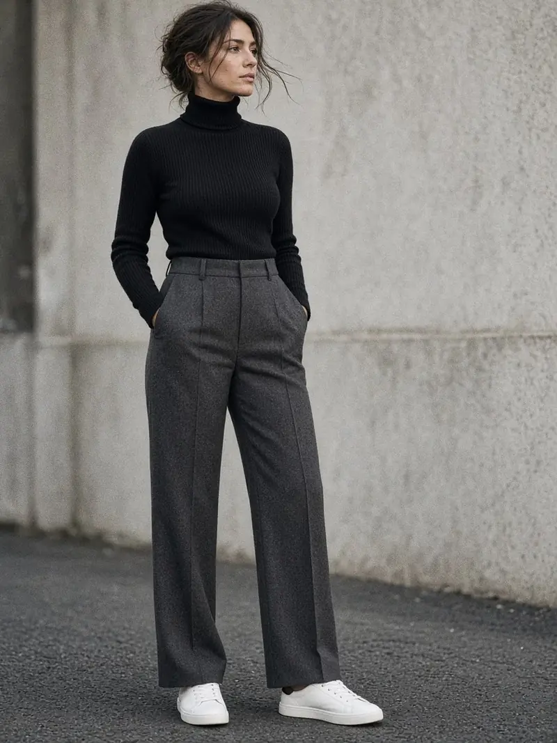 Illustration, mannequin fictif : Détail du bas de jambe d'un pantalon large en laine gris anthracite tombant sur des baskets basses blanches à semelle fine.