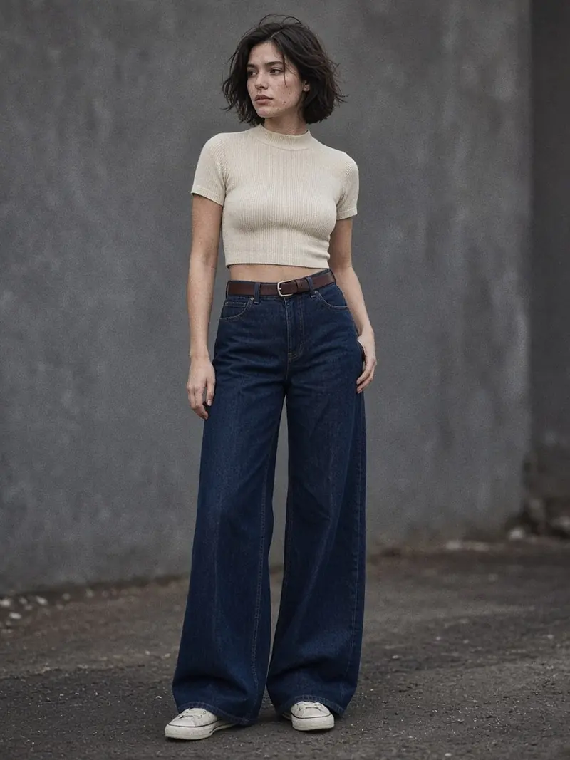 Illustration, mannequin fictif : Femme debout de trois quarts en jean large indigo à taille haute, haut court écru ajusté et baskets plates en toile écrue.