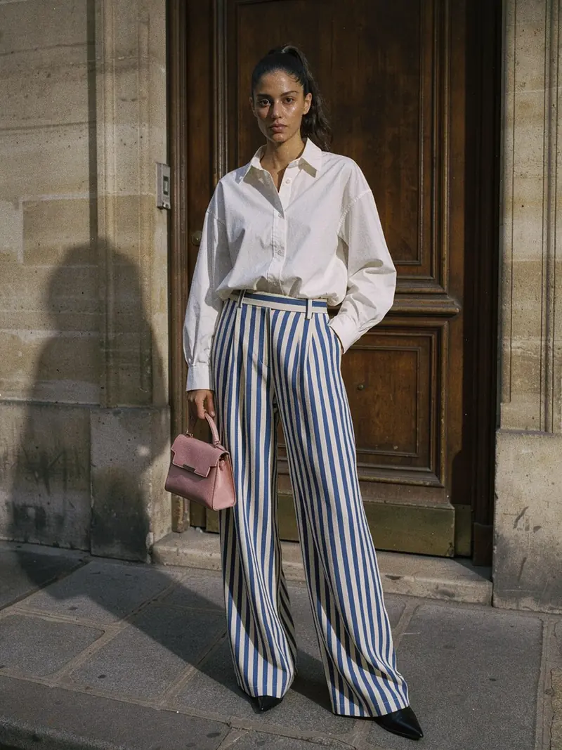 Illustration, mannequin fictif : pantalon large rayé bleu et blanc, chemise blanche oversize