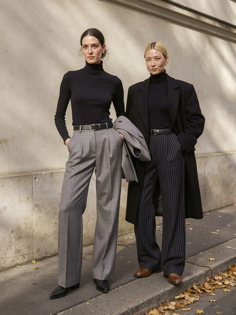 Illustration, mannequin fictif : deux tailleurs : pantalon large gris à pinces et pantalon large à fines rayures