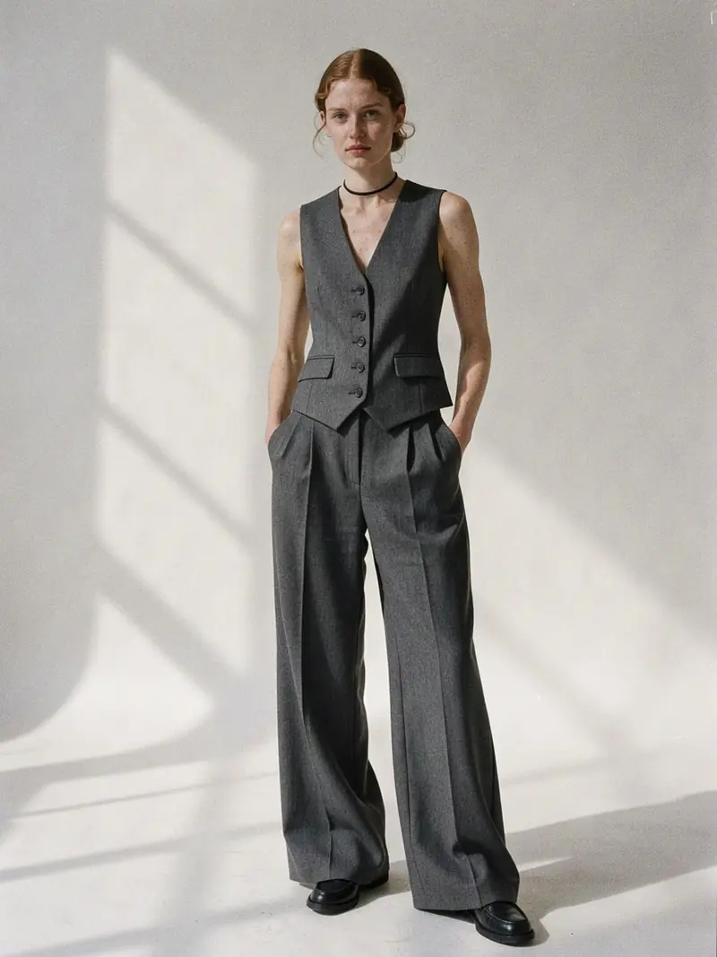 Illustration, mannequin fictif : pantalon large gris et gilet de costume assorti