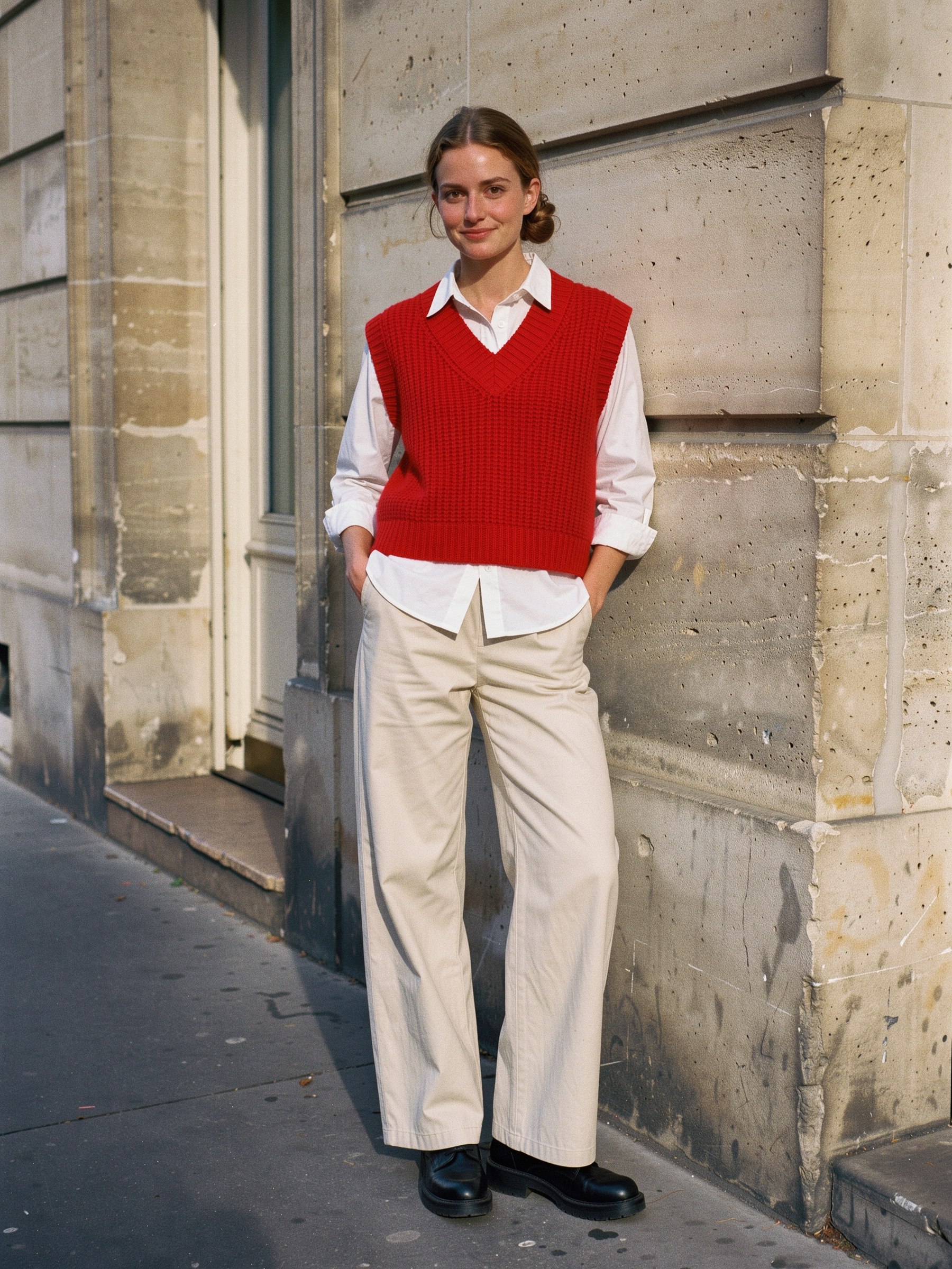 Mannequin en pantalon large anthracite à pinces et col roulé noir, debout dans un couloir d'hôtel, une bottine pointue à la main et un mètre ruban rouge autour du cou