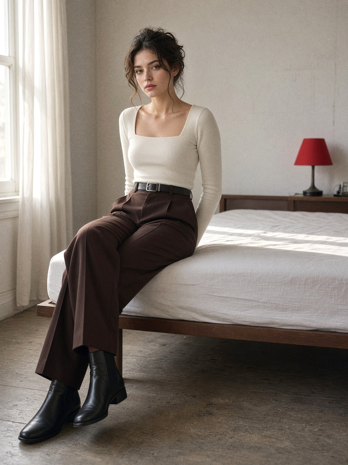 Mannequin en pantalon marron chocolat droit, ourlet cassant sur des bottines noires en cuir, ceinture noire et haut blanc cassé