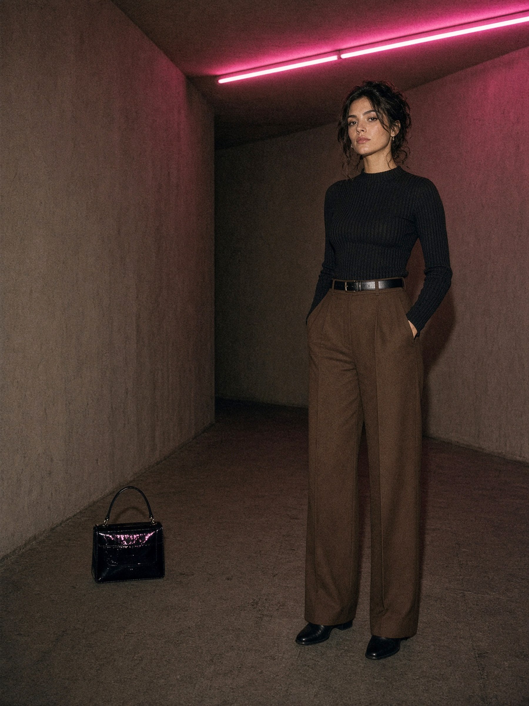 Mannequin en pantalon marron chocolat taille haute, bottines et ceinture noires, dans un couloir d'hôtel au néon rose