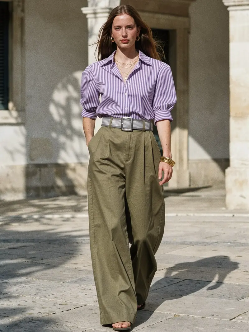 Illustration, mannequin fictif : pantalon palazzo kaki, chemise rayée lilas, large ceinture rayée