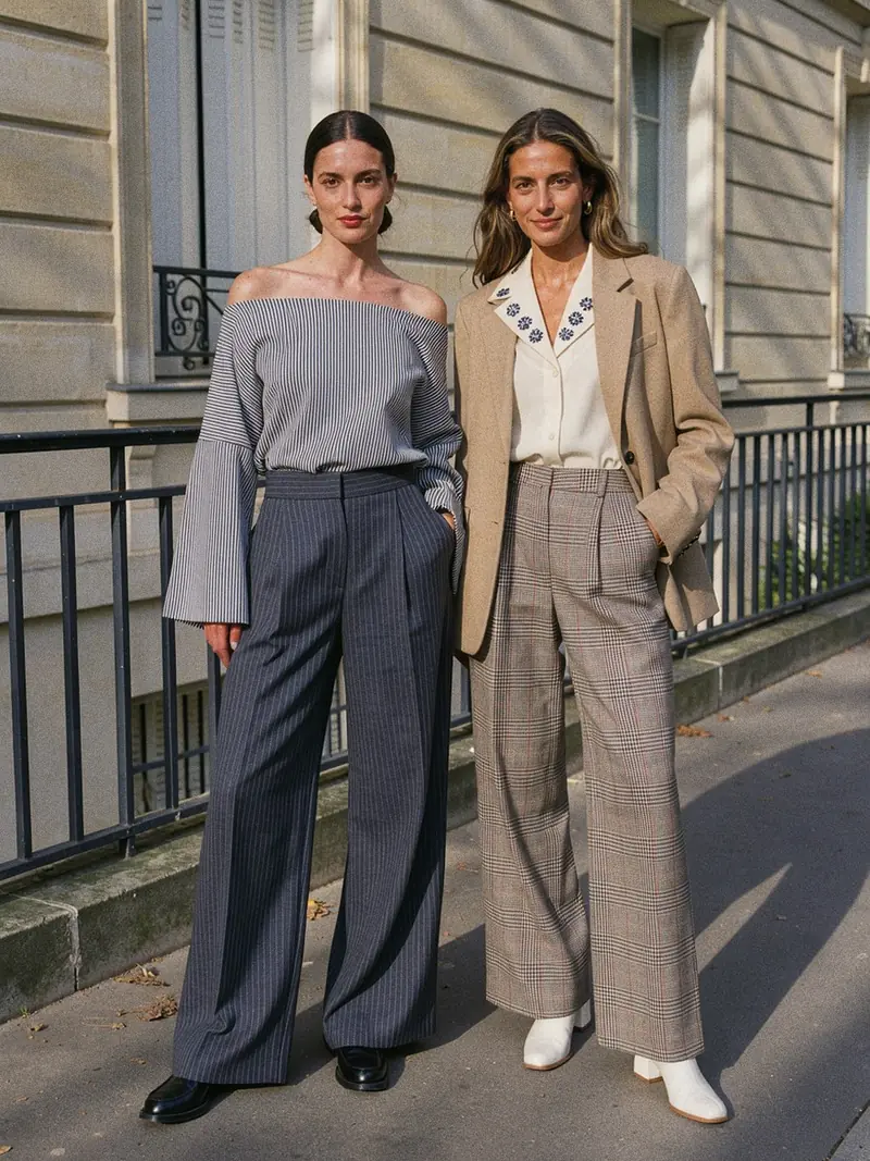 Illustration, mannequin fictif : pantalon palazzo à fines rayures tennis et palazzo prince-de-galles, deux looks bureau