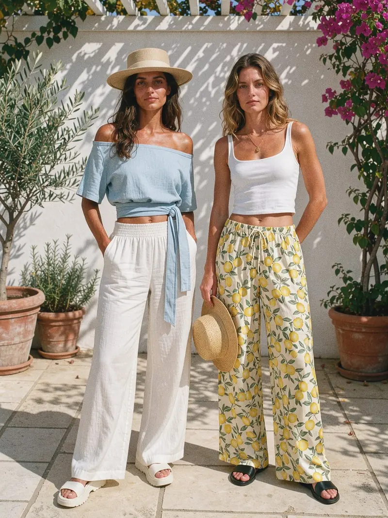 Illustration, mannequin fictif : pantalon palazzo blanc smocké et palazzo imprimé citrons, deux looks d'été