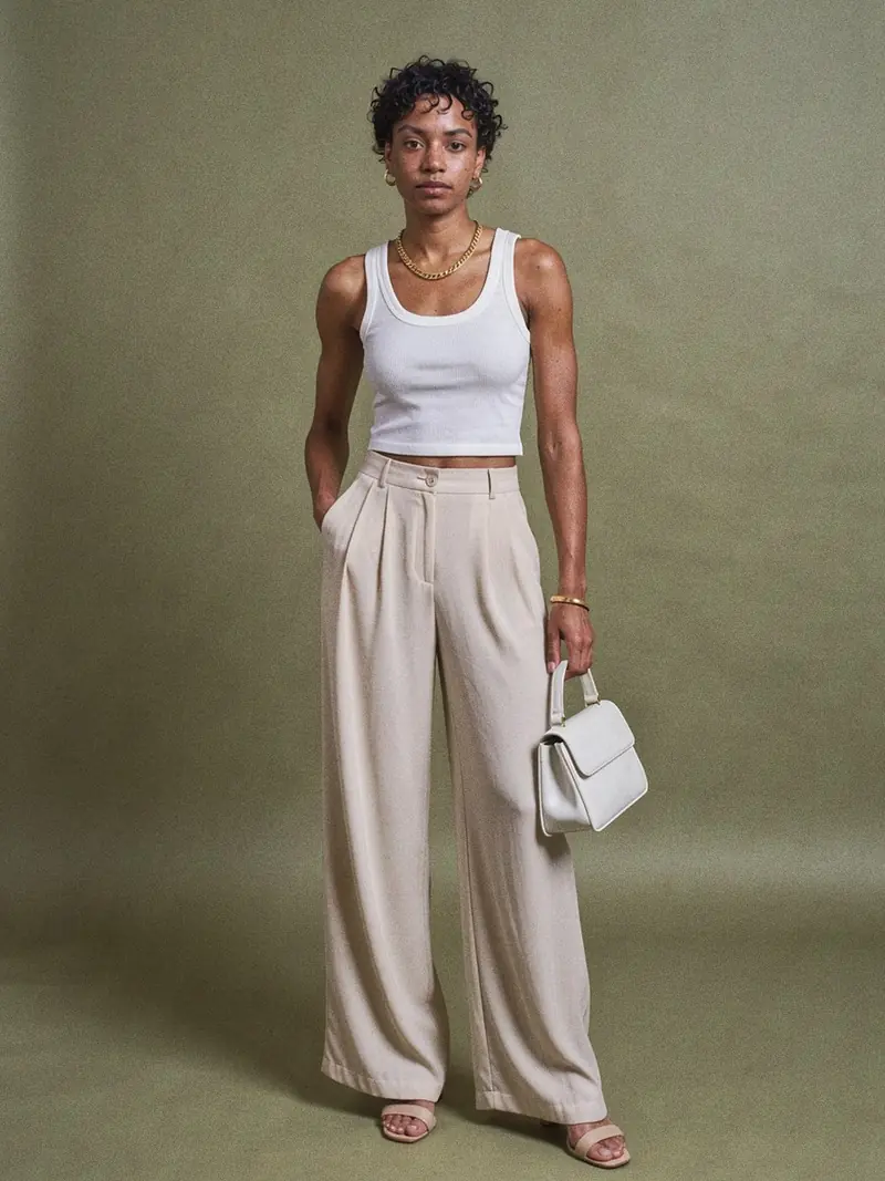 Illustration, mannequin fictif : pantalon palazzo écru à pinces, débardeur court blanc côtelé
