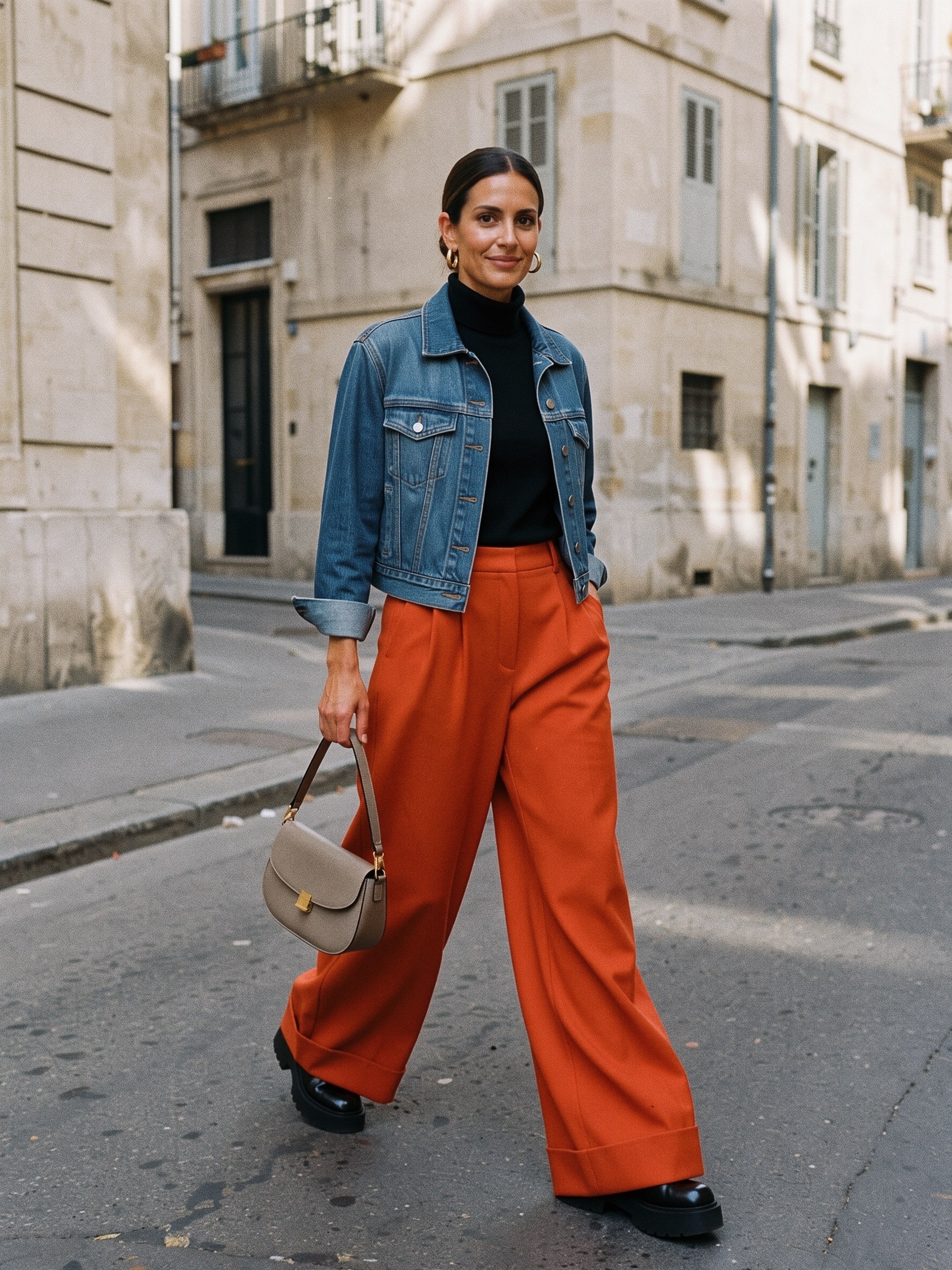 Mannequin en pantalon palazzo rouge tomate en lainage, col roulé noir rentré et veste en jean courte, dans un couloir d'hôtel