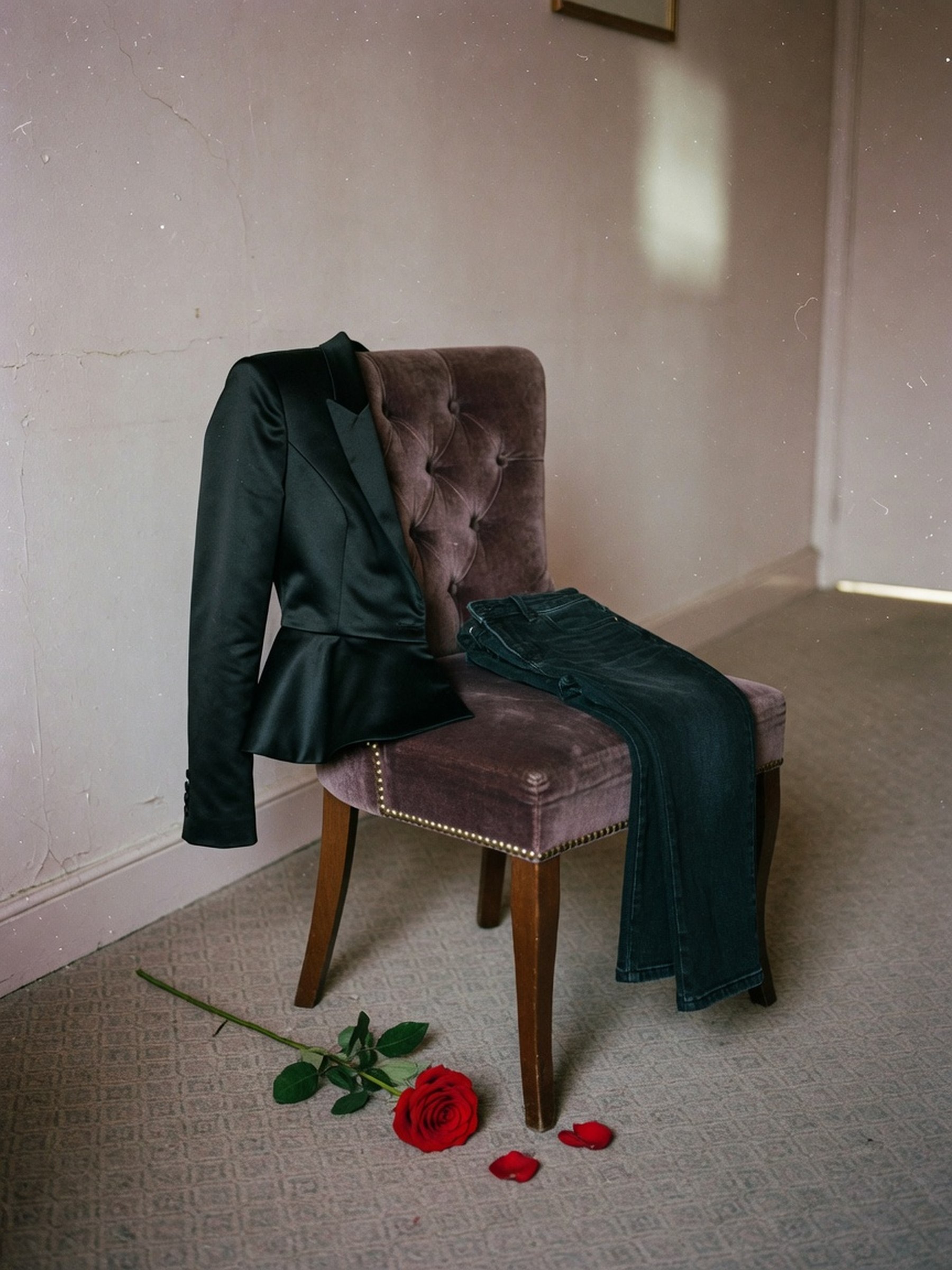 Veste péplum en satin noir structuré posée sur une chaise, à côté d'un jean droit plié, dans une chambre d'hôtel épurée
