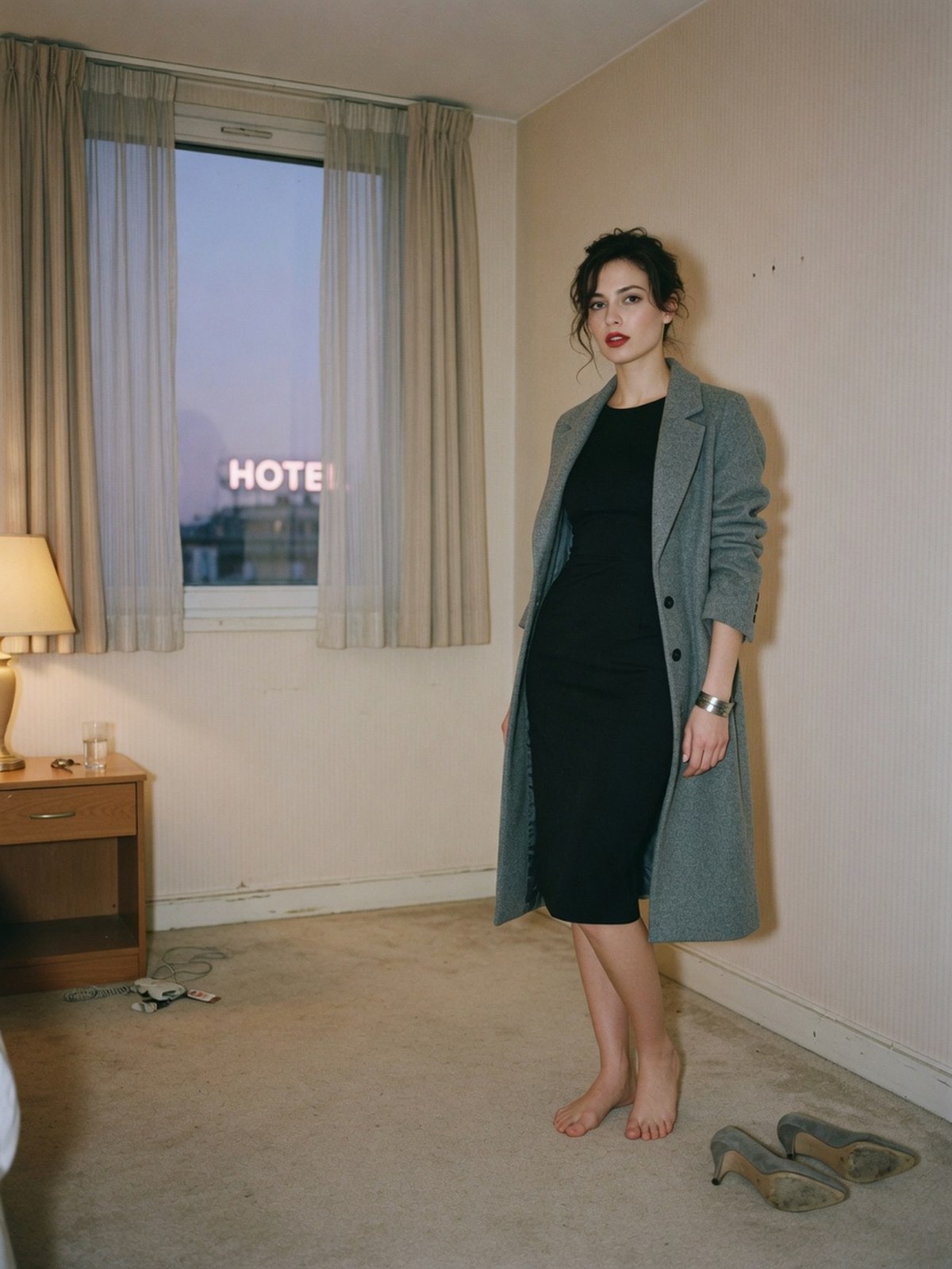 Mannequin en petite robe noire fourreau enfilant un manteau gris dans une chambre d'hôtel dépouillée, escarpins gris posés au sol