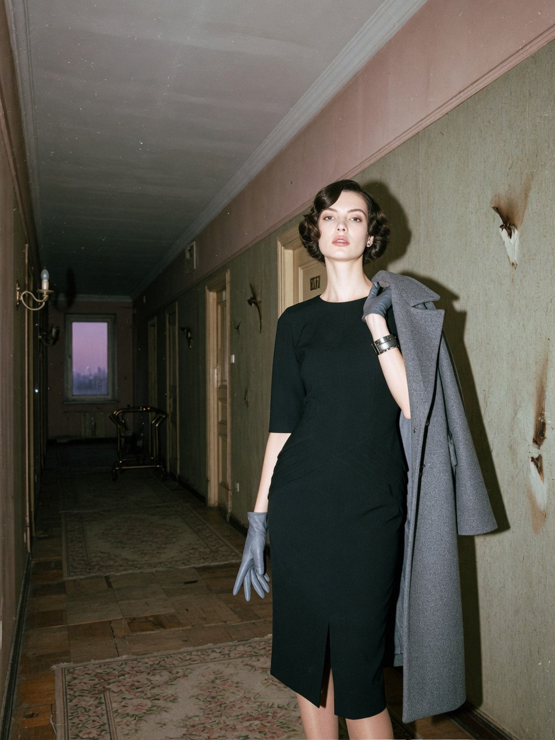 Mannequin en petite robe noire fourreau portant un manteau gris ouvert sur les épaules, dans un décor de couloir d'hôtel désaturé