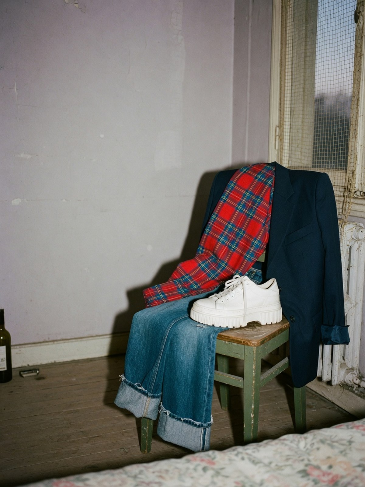 Basket plateforme blanche, jean brut large et haut tartan rouge et bleu drapé sur un blazer marine, posés sur une chaise