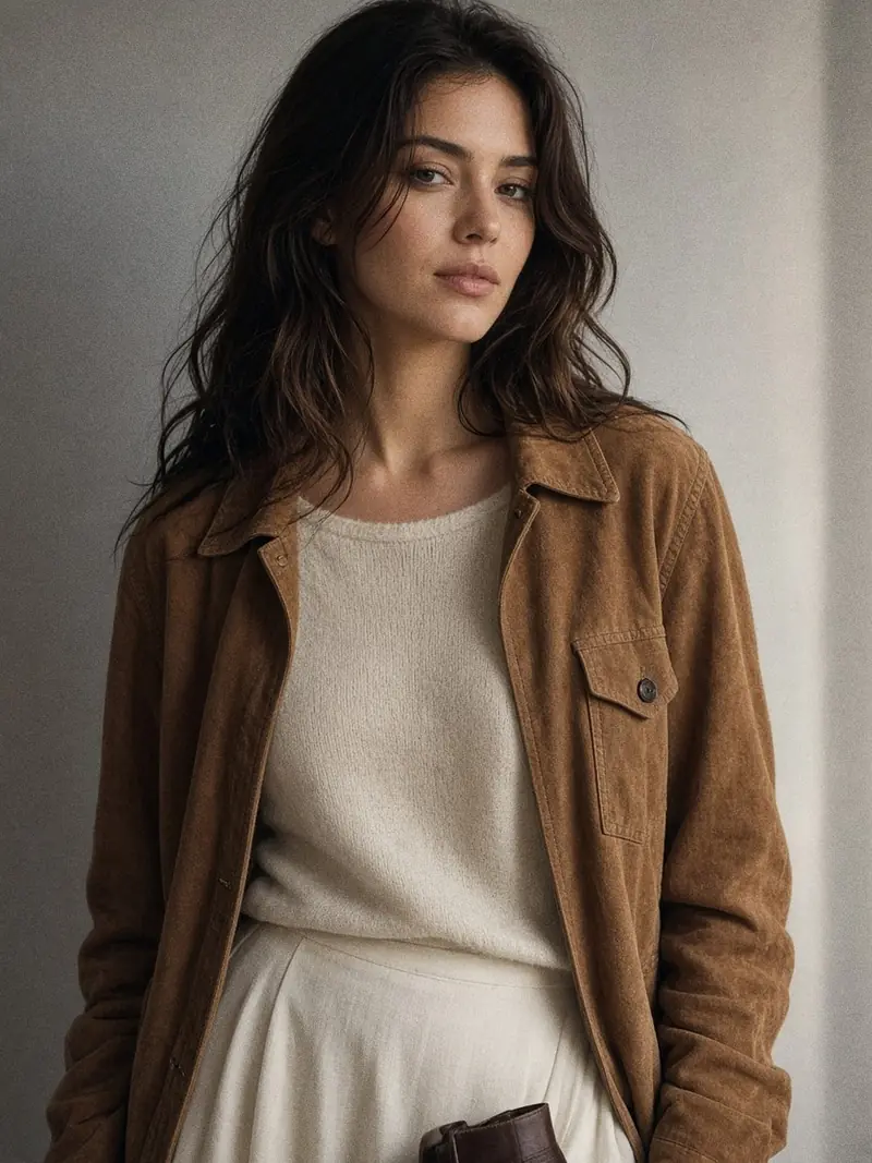 Illustration, mannequin fictif : Femme vue de la taille aux épaules, veste-chemise en daim caramel ouverte sur un pull en cachemire crème à col bateau et une jupe en soie ivoire.