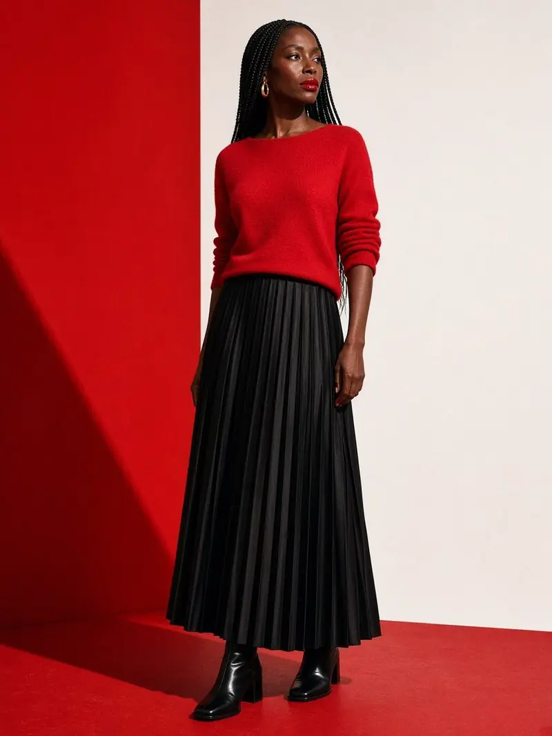 Illustration, mannequin fictif : Femme en trois quarts portant un pull en cachemire rouge cerise à col bateau, manches remontées aux coudes, et une longue jupe plissée noire.
