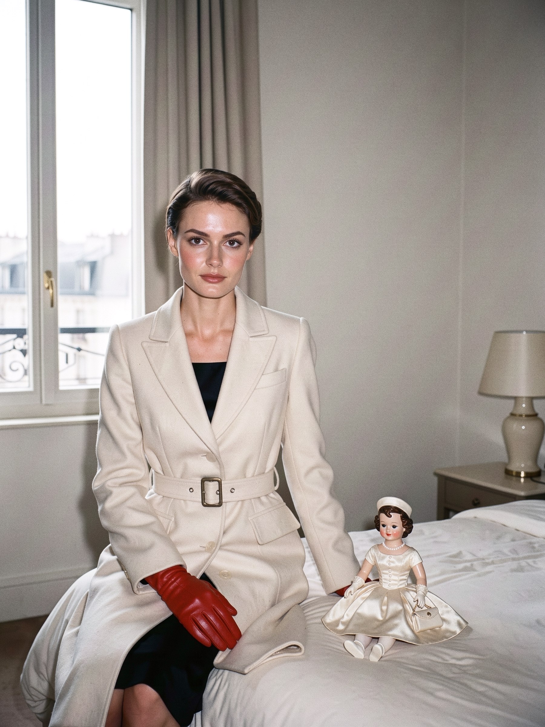 Jeune femme assise au bord d'un lit d'hôtel en manteau de laine ivoire, un gant rouge à la main, une poupée de porcelaine en robe de couture posée à côté d'elle.