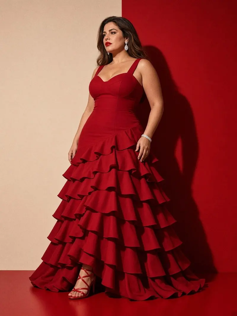 Illustration, mannequin fictif : Femme en robe longue rouge mate à jupe à volants étagés, avec des boucles d'oreilles pavées et un bracelet pavé au poignet droit.