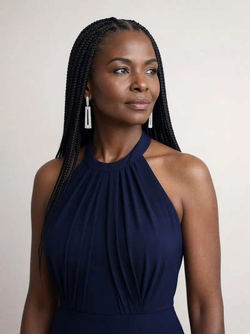 Illustration, mannequin fictif : Femme en robe bleu nuit mate à col américain et buste plissé, cheveux relevés sur le côté, portant de longues boucles d'oreilles pavées.