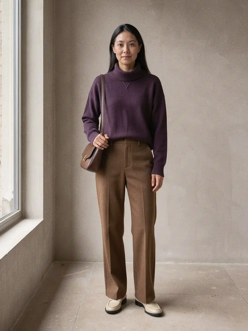 Illustration, mannequin fictif : Femme en pull cachemire aubergine à col cheminée échancré en V, portée avec un pantalon droit marron, des mocassins crème et un petit sac en cuir.