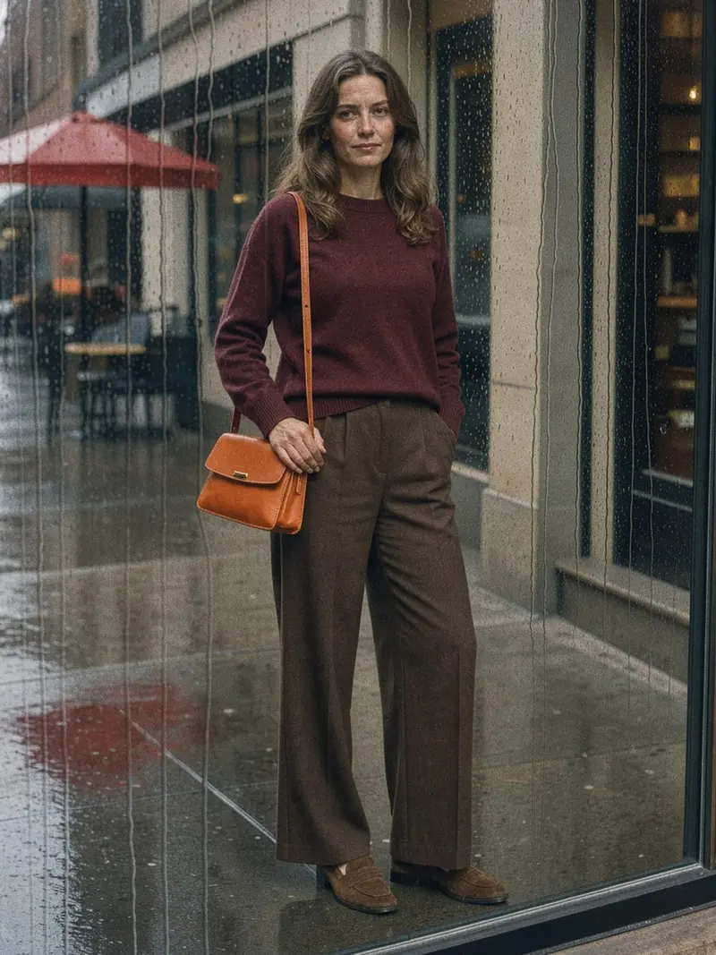 Illustration, mannequin fictif : Femme en pull cachemire bordeaux et pantalon large marron chocolat, un petit sac orange vif porté à l'épaule.
