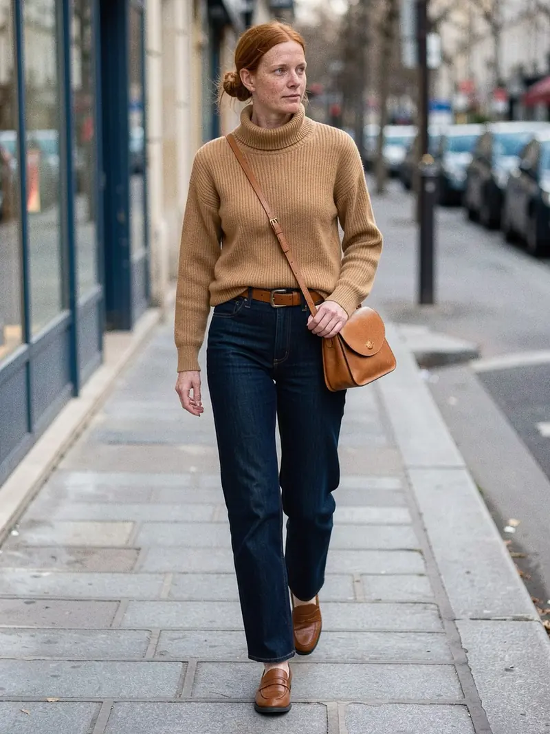 Illustration, mannequin fictif : Femme en pull col roulé côtelé camel rentré dans un jean droit brut, ceinture cognac et mocassins marron.