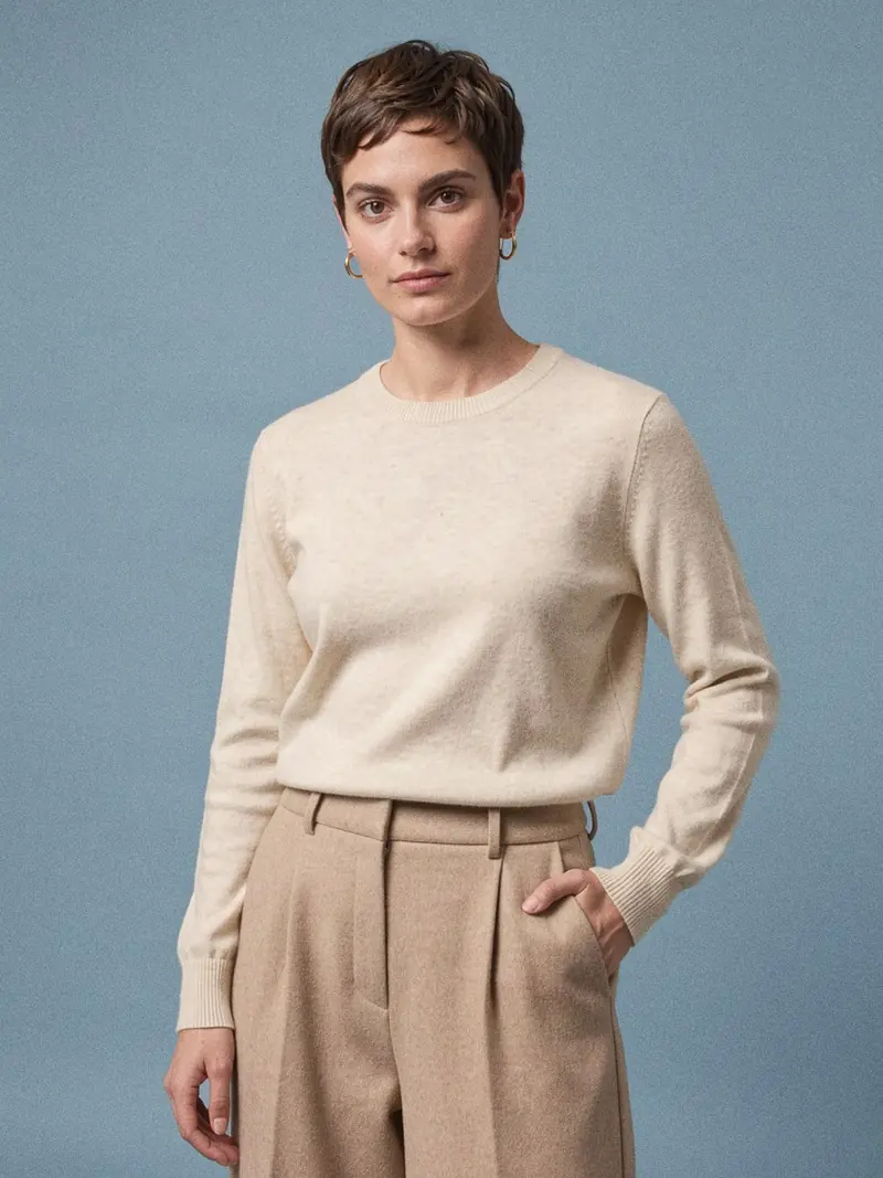 Illustration, mannequin fictif : Femme en pull col rond écru en maille fine, à moitié rentré dans un pantalon large beige.