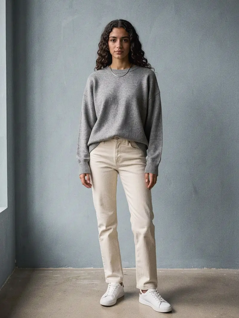 Illustration, mannequin fictif : Femme en pull col rond ample gris chiné aux épaules tombantes, porté sur un jean droit écru avec des baskets blanches.