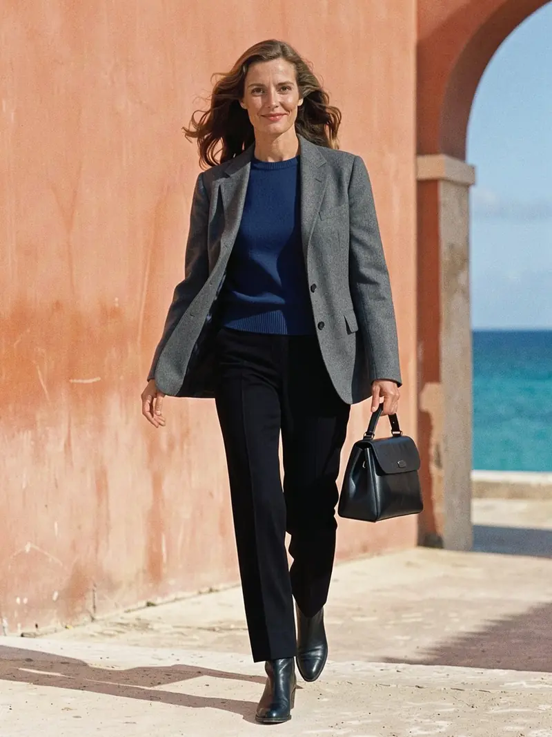 Illustration, mannequin fictif : Femme marchant en pull col rond bleu marine en maille fine sous un blazer gris anthracite ouvert, avec un pantalon cigarette noir.