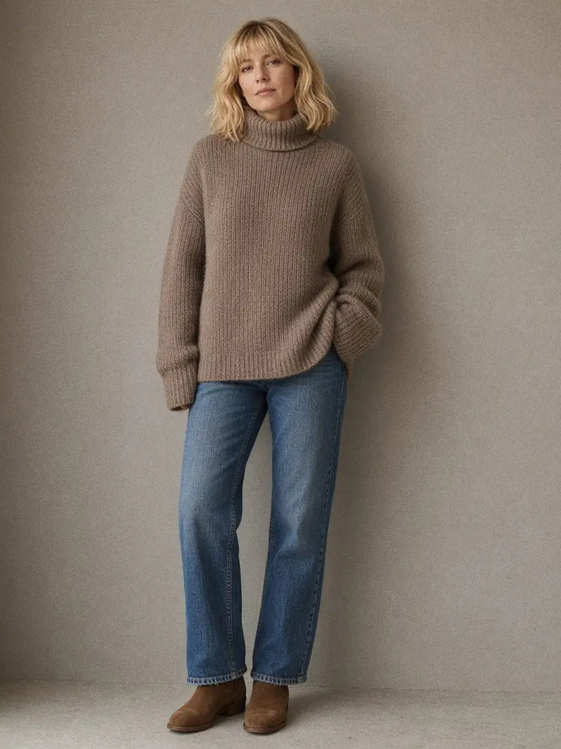 Illustration, mannequin fictif : Femme en pull col roulé en grosse maille taupe aux épaules tombantes, porté par-dessus un jean droit avec des bottines en daim.