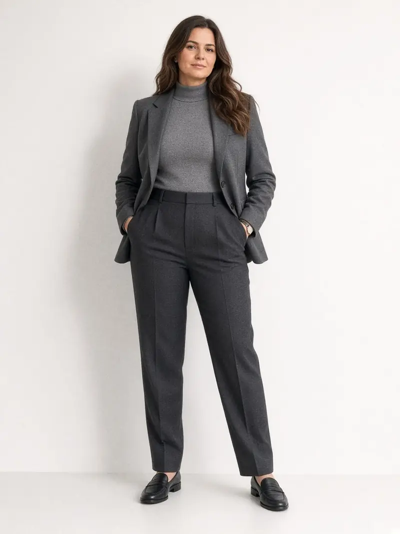 Illustration, mannequin fictif : Femme en pull à col montant gris rentré dans un pantalon à pinces anthracite, blazer en laine et mocassins noirs.