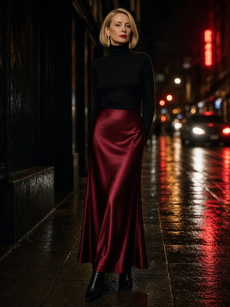 Illustration, mannequin fictif : Femme en col roulé noir ajusté rentré dans une jupe longue en satin bordeaux, avec des boucles d'oreilles dorées pendantes et des bottines noires.
