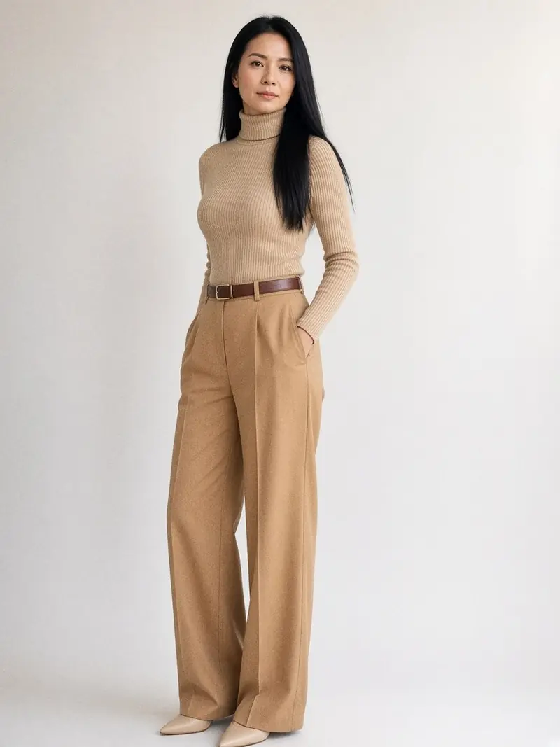 Illustration, mannequin fictif : Femme en pull fin côtelé beige rentré dans un pantalon large camel à taille haute, ceinture fine en cuir marron, ballerines pointues beiges.