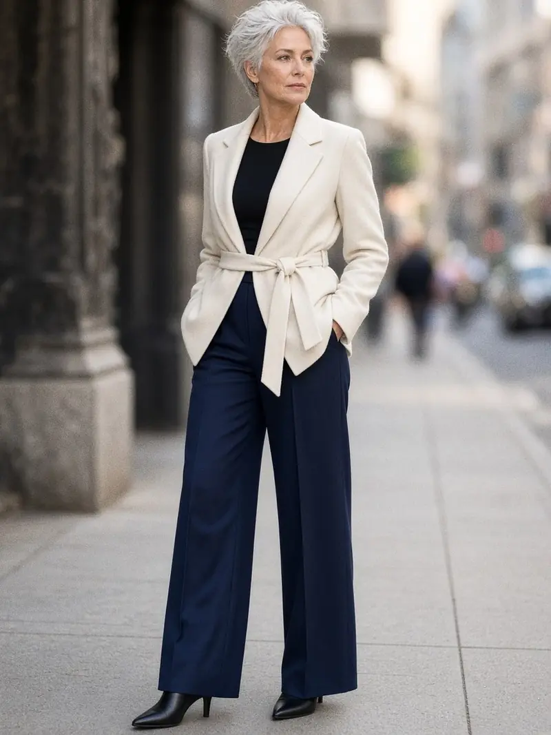 Illustration, mannequin fictif : Femme en blazer portefeuille ivoire noué à la taille sur un top noir ajusté, pantalon large bleu marine taille haute, bottines noires à bout pointu.