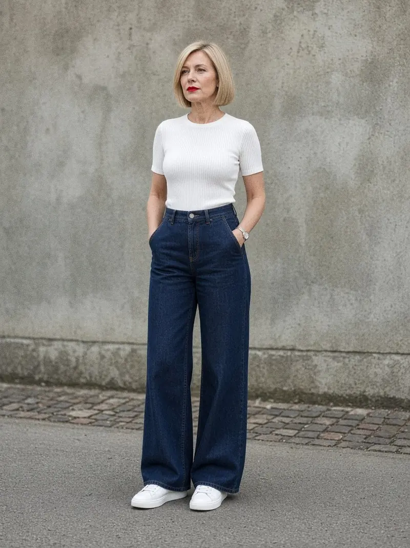 Illustration, mannequin fictif : Femme en top blanc ajusté en maille côtelée fine rentré dans un jean wide leg indigo taille haute, baskets blanches en cuir.